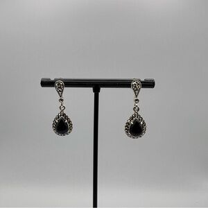 Black Onyx Tear Drop Marcasite Earrings Sterling Silver
